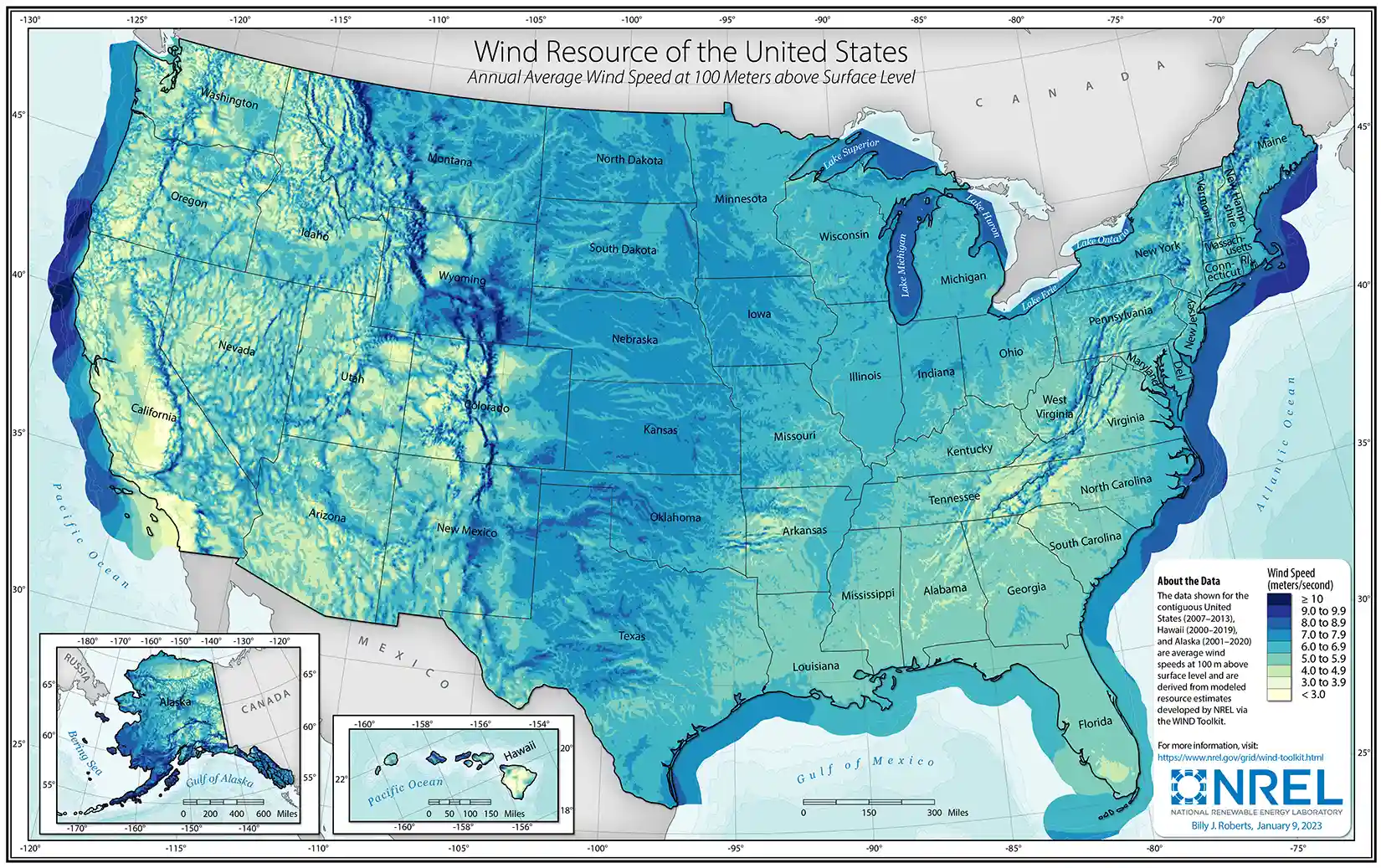 A map of the United States colorized by wind speed on the land and along the coastlines.