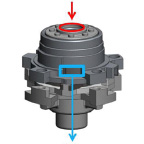 3D illustration showing roughly cylindrical gray object with various protrusions along the central perimeter.  Red circle on top with red arrow pointing into the cylinder. Blue rectangle in central region of the object, with blue arrow pointing out.
