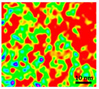 Image from characterization tool showing orange and green mottled appearance with some blue spots