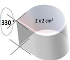 Illustration of gray-colored cylinder with a tear-drop shape, with '330 degrees' label at apex of the shape