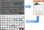 Plot of EL image (top left) converted by thresholding technique (top right) into binary image (lower left)