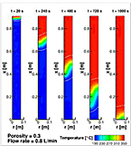 Output from simulations: five vertical bars with leftmost bar with thin red layer at top to mostly blue below to rightmost bar with mostly red layer at top to thin blue layer at bottom. Red area increases progressively in bars from left to right.